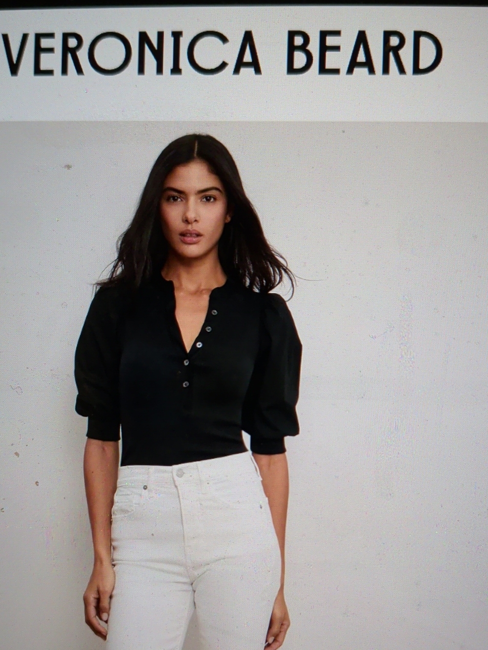 Veronica Beard Black Puff-Sleeve Henley Crop Top